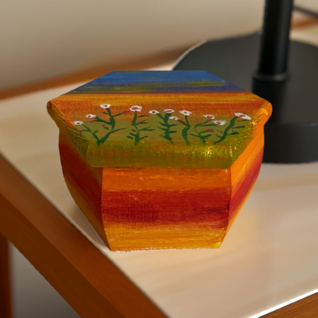 A hexagon wooden box - painted sunset!
