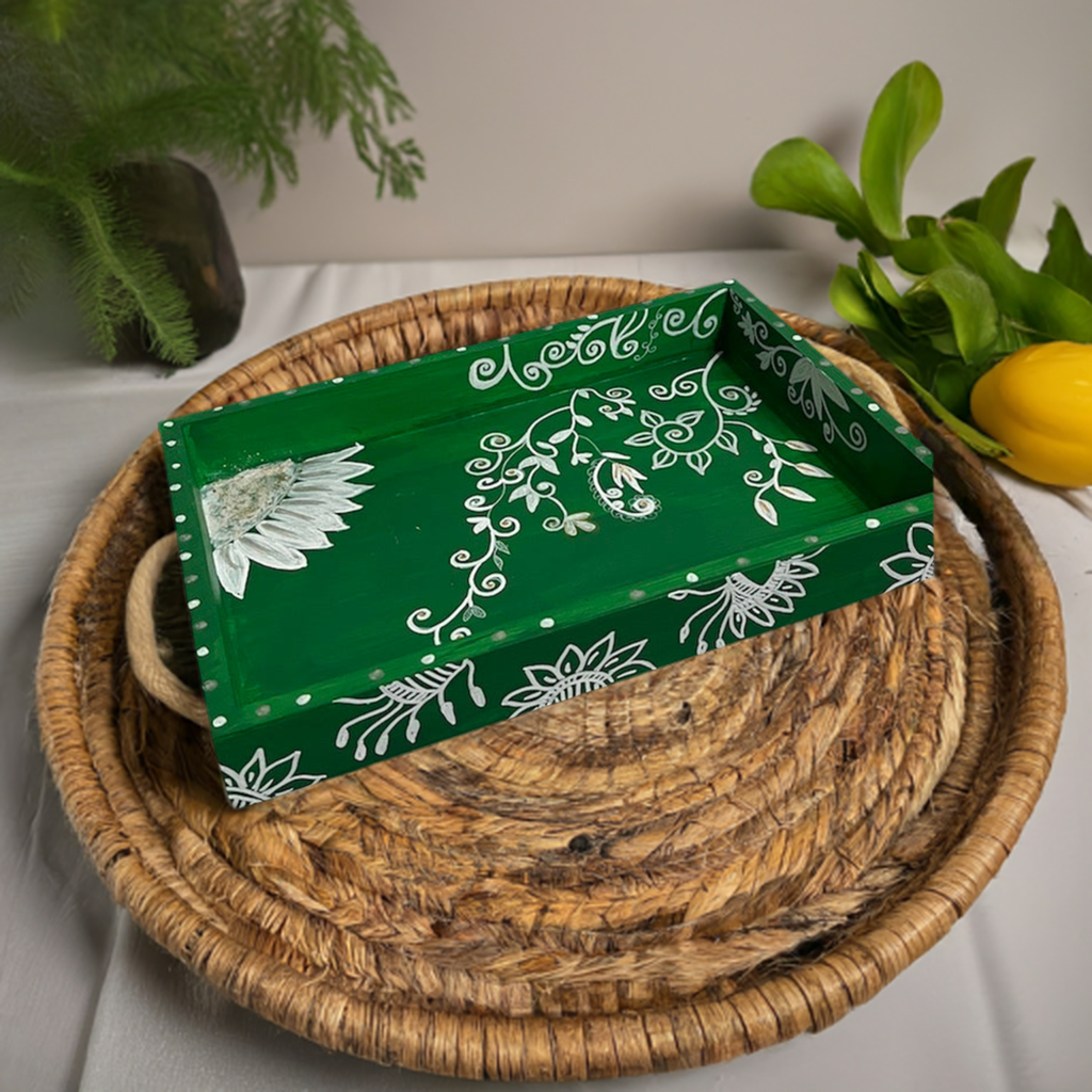 A green floral wooden hand painted serving tray