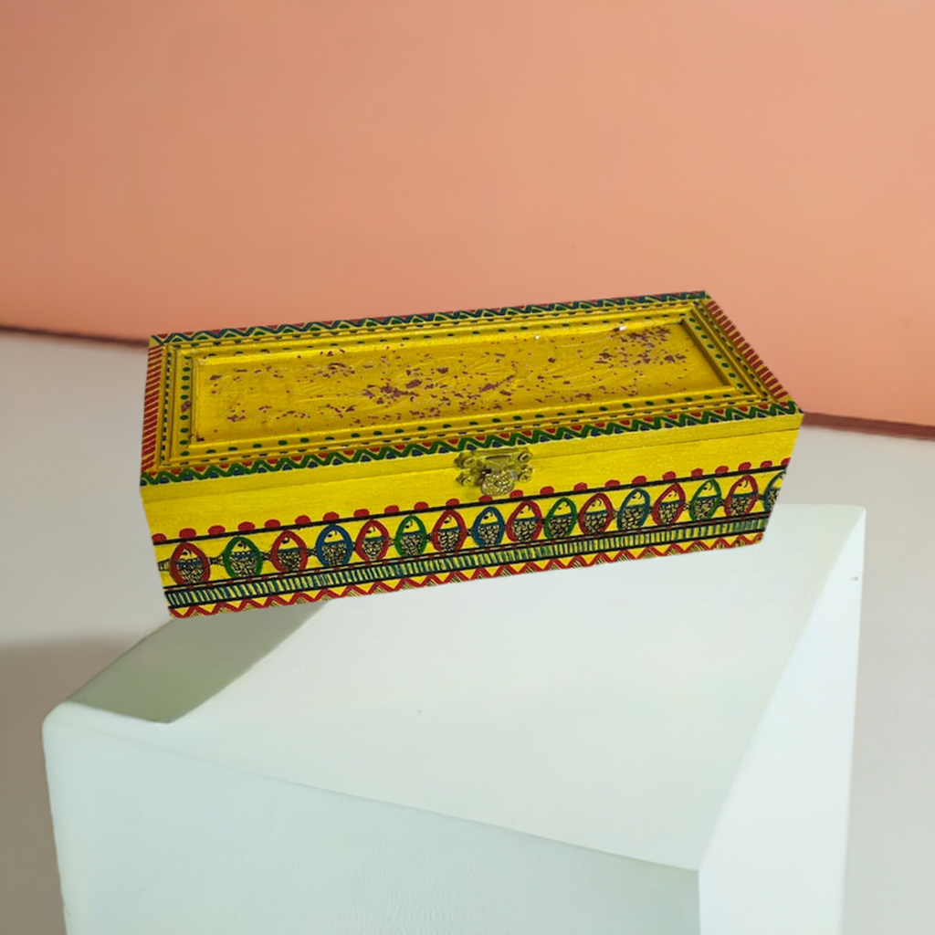 A hand painted yellow wooden gift box