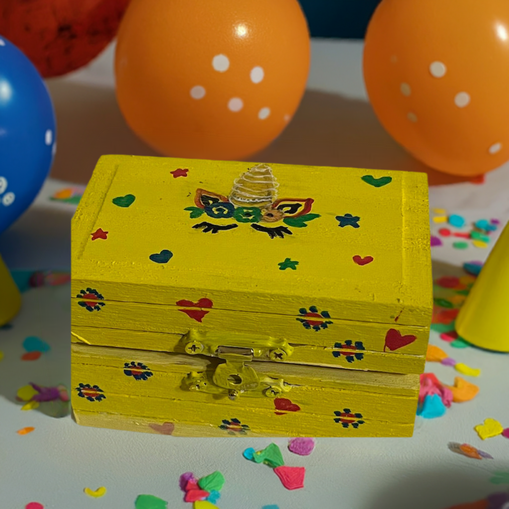 A yellow bright and beautiful hand painted unicorn box