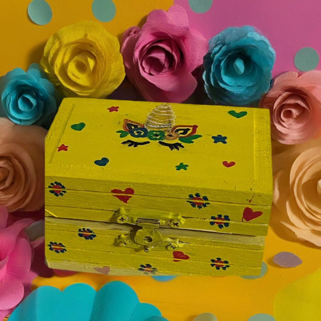 A yellow bright and beautiful hand painted unicorn box