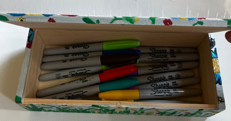 A blue painted floral wooden gift box