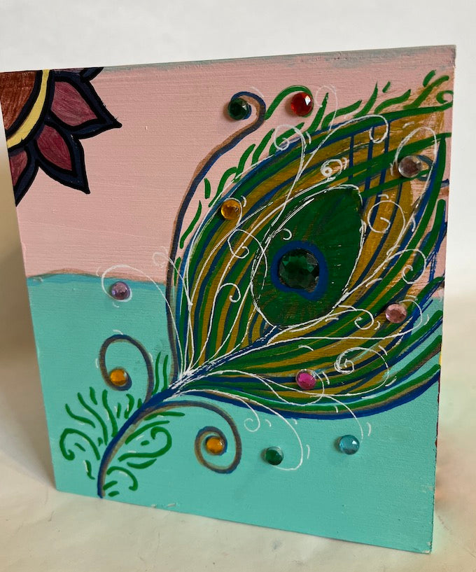 A pink and aqua hand painted wooden tissue box theme peacock