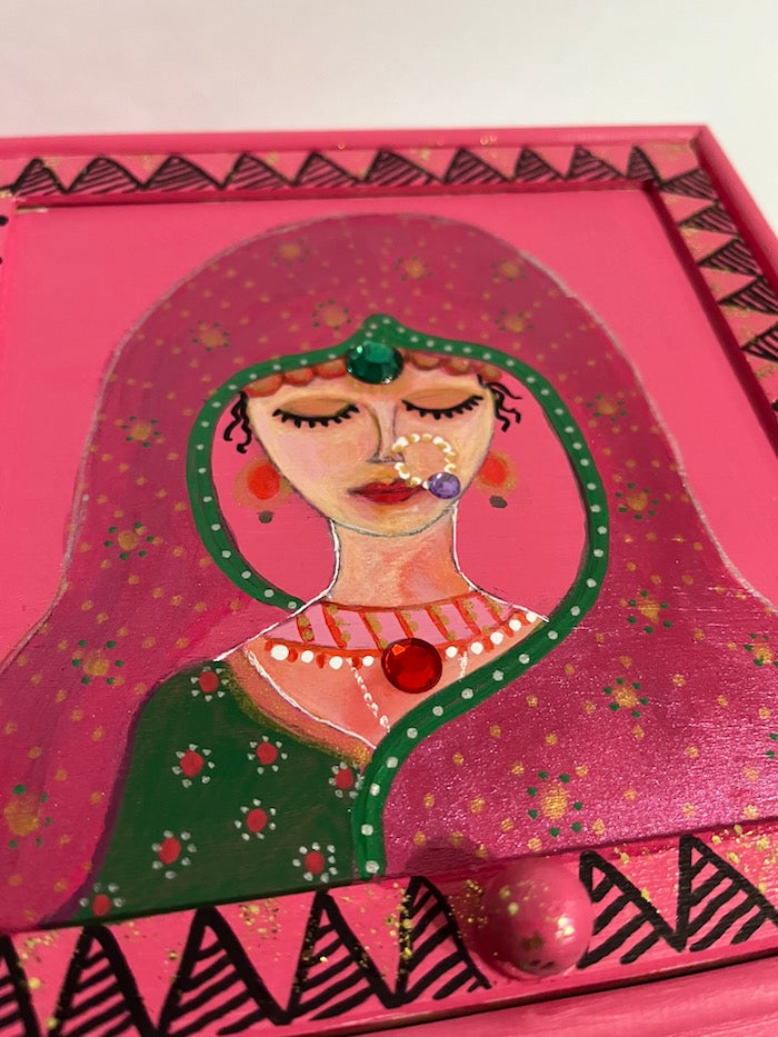 A pink Indian bride hand painted jewelry box
