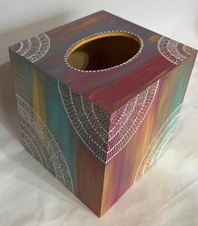 Top of a multicolor mandala art tissue box cover