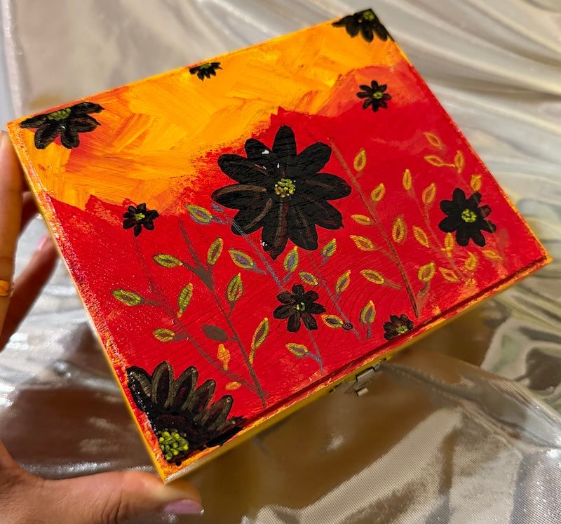 Hand painted sunset, bloom, wooden keepsake, box, red and yellow floral jewelry storage box