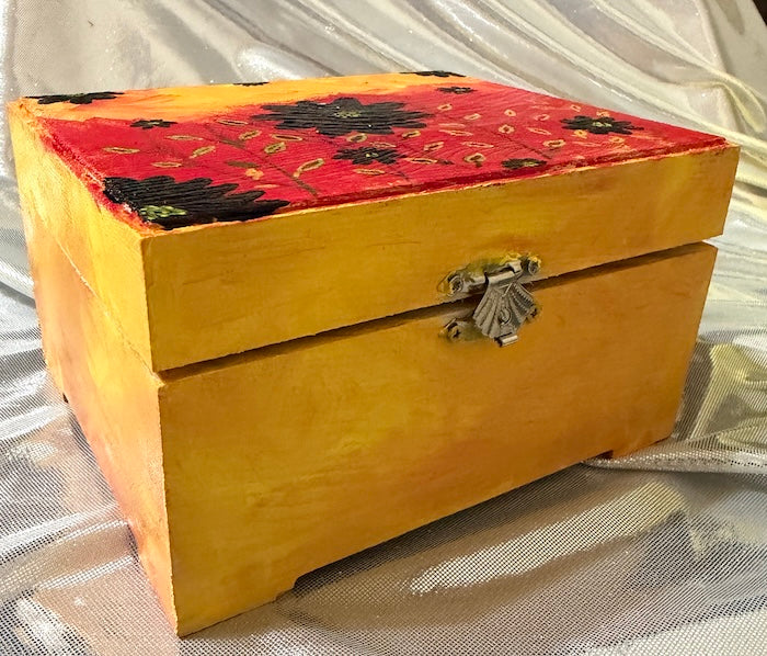Hand painted sunset, bloom, wooden keepsake, box, red and yellow floral jewelry storage box