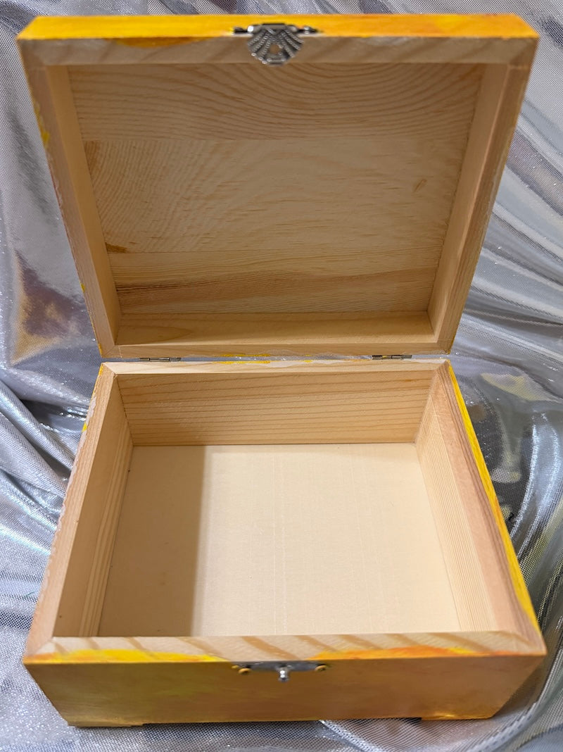 Hand painted sunset, bloom, wooden keepsake, box, red and yellow floral jewelry storage box