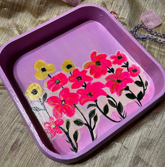 Hand painted Floral pink and purple wooden tray.