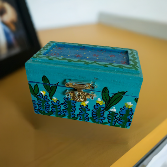 A blue bonnet hand painted small wooden box