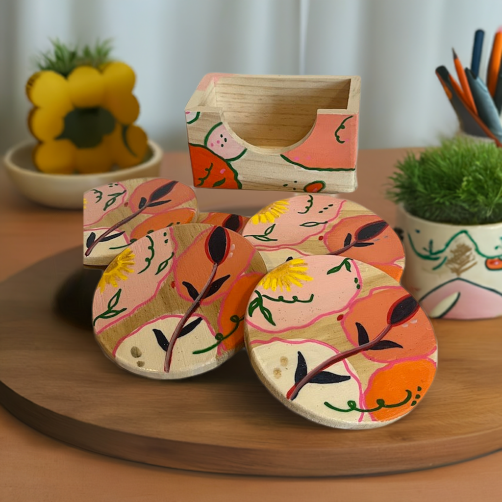 Beautiful Hand Painted Wood Coasters- Set of 5