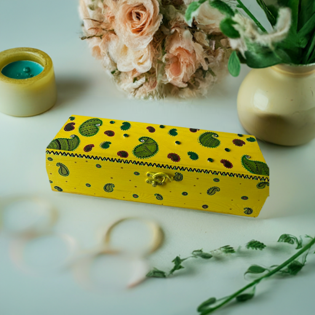 A long yellow Hand Painted Wooden Box