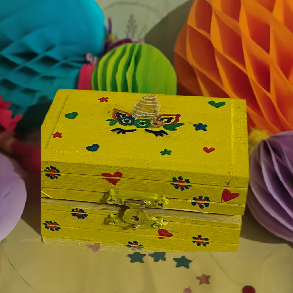 A yellow bright and beautiful hand painted unicorn box