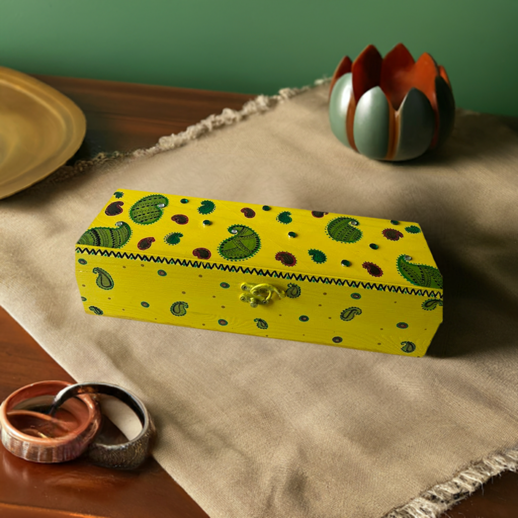 A long yellow Hand Painted Wooden Box