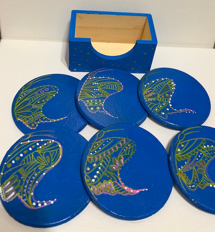 wooden coaster set butterfly hand painted
