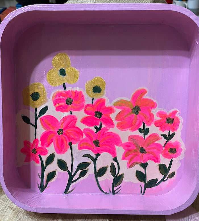 Hand painted Floral pink and purple wooden tray.