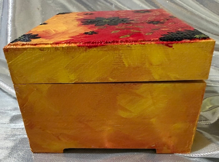 Hand painted sunset, bloom, wooden keepsake, box, red and yellow floral jewelry storage box