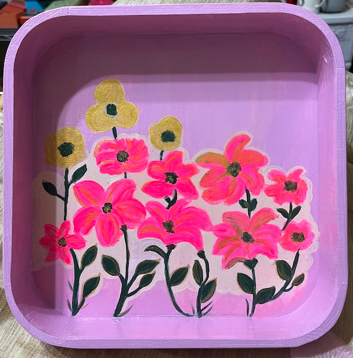 Hand painted Floral pink and purple wooden tray.