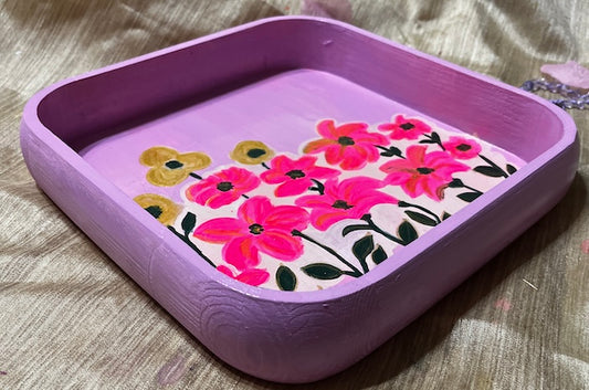 Hand painted Floral pink and purple wooden tray.