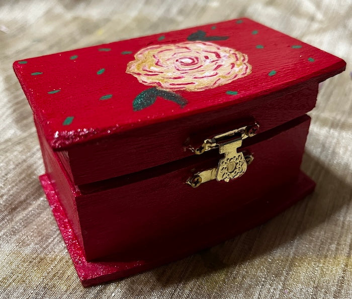 A mini wooden box, pretty rose hand painted and unique