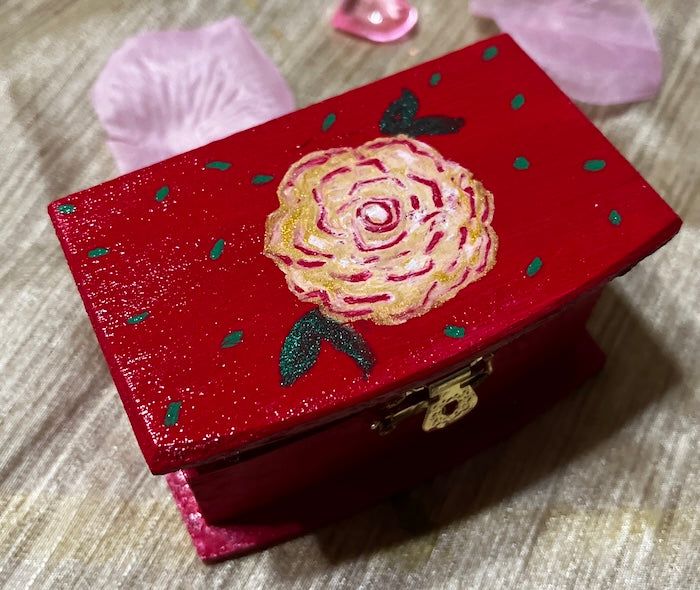 A mini wooden box, pretty rose hand painted and unique