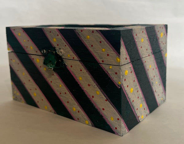 Teal wood box with stripes and dots