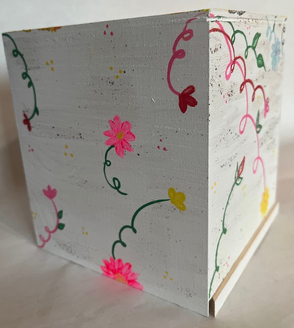 a white floral hand painted wood tissue box