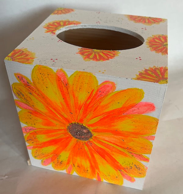 Top of a hand painted wooden tissue box
