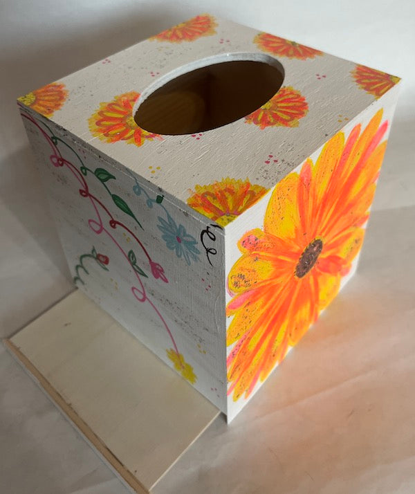 Top of hand painted wooden tissue box cover