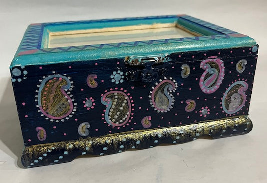 A paisley hand painted blue wood box