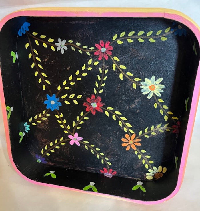 A floral black and colorful hand painted tray
