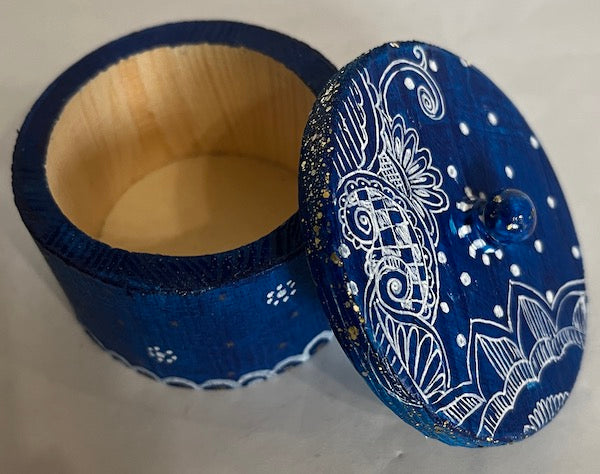 A blue hand painted wooden gift box with lid