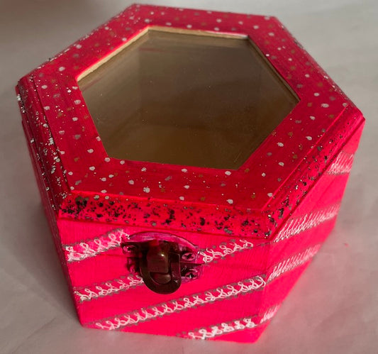 Hand painted pink glass top hexagon wooden box Valentine’s Day gift