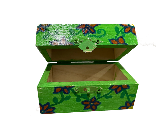 A small hand painted green floral gift box 