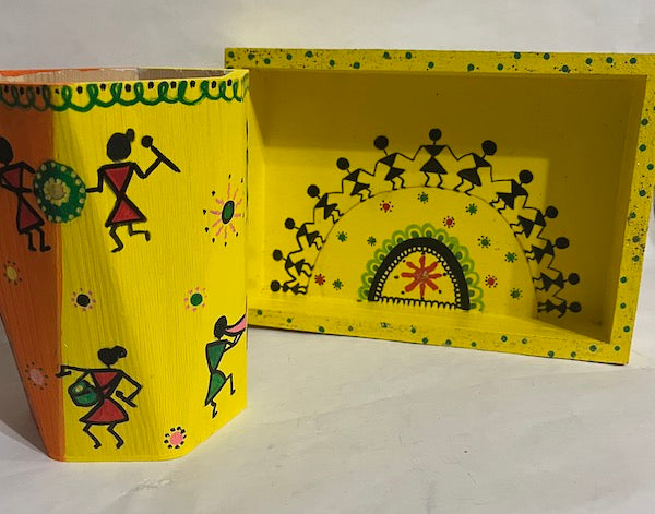 Warli art themed bright yellow small wooden tray & Vase