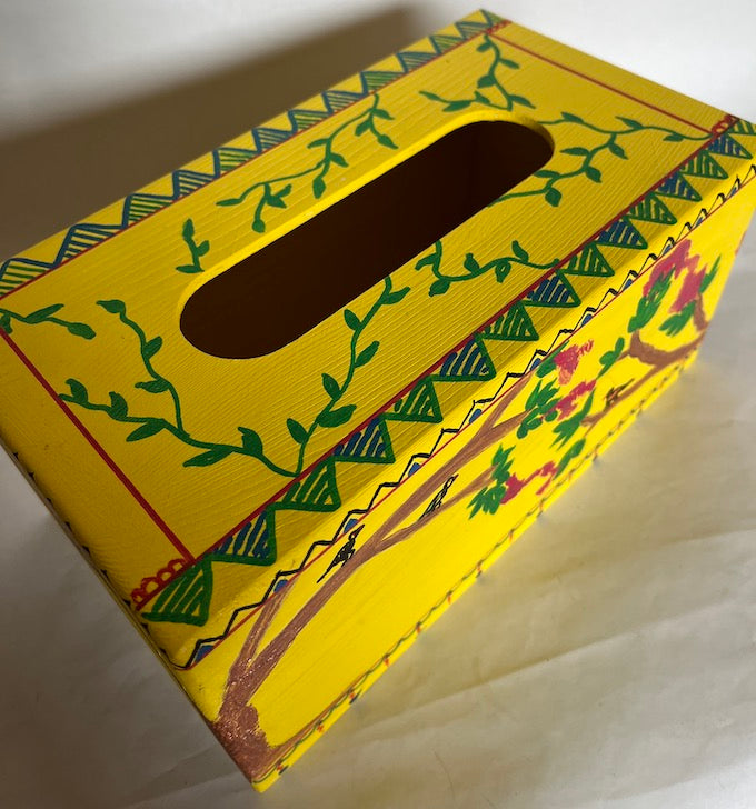 Top view of hand painted yellow tissue box cover