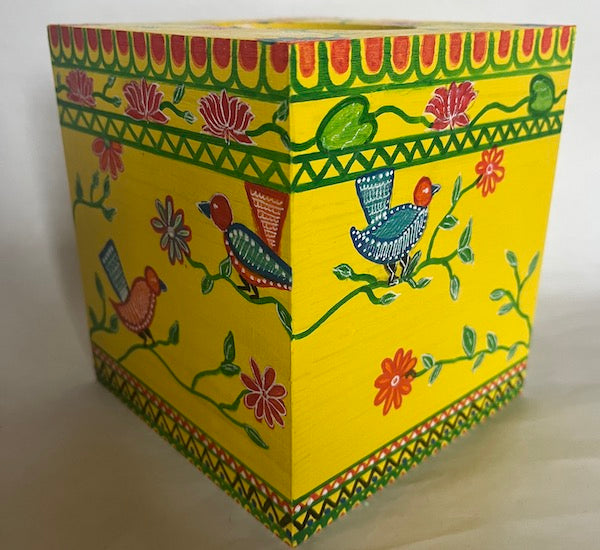 A hand painted yellow colorful scenic wooden tissue box cover