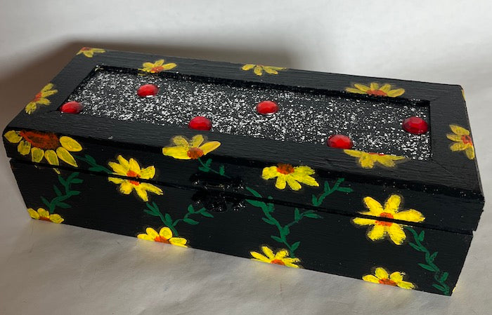A rectangle black floral hand painted jewel top gift box