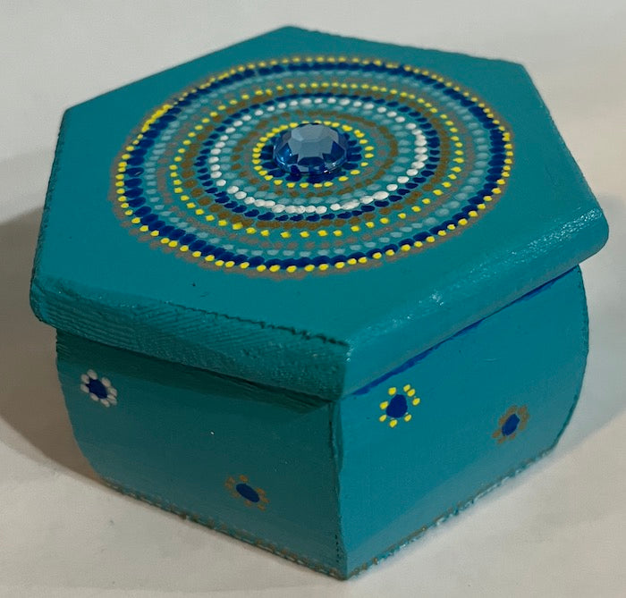 A jewel top hexagon wooden box painted with love!