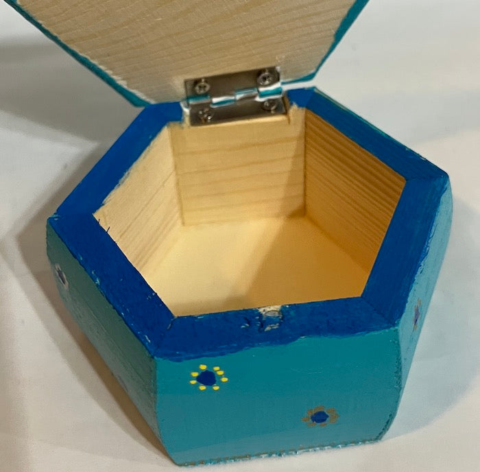 A jewel top hexagon wooden box painted with love!