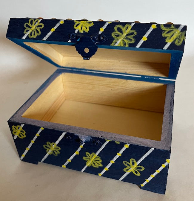 A hand painted gift box blue floral and paisley art