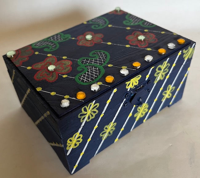 A blue floral and paisley hand painted rectangle gift box