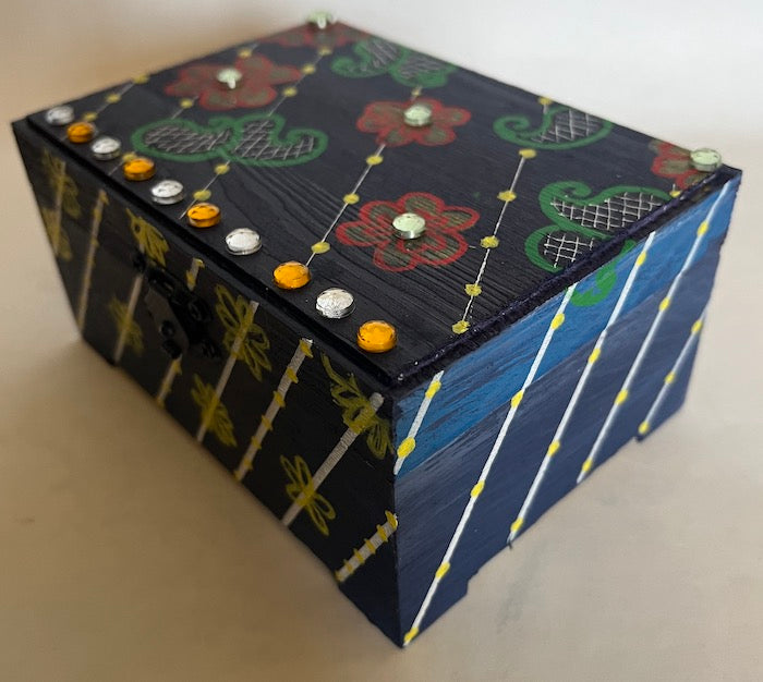 A jeweled hand painted floral and paisley art gift box