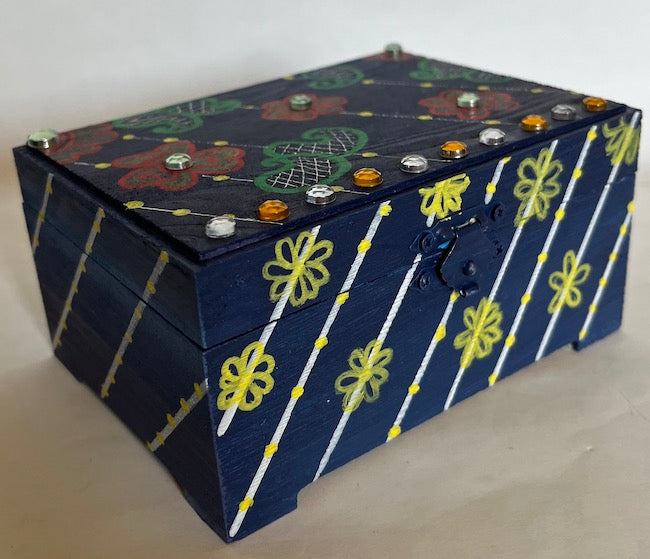 A blue floral and paisley hand painted blue gift box