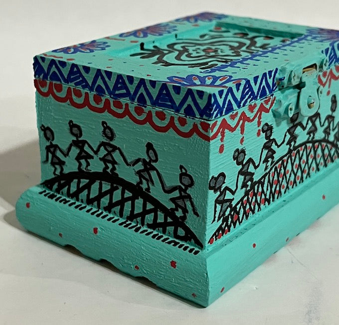 Small hand painted blue wooden gift box with lid