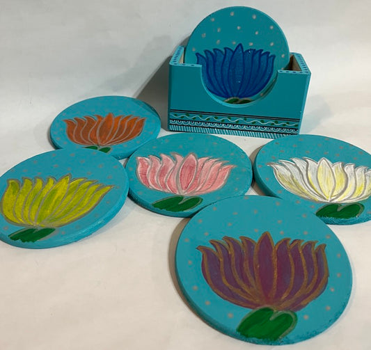 A blue hand painted lotus art coaster set