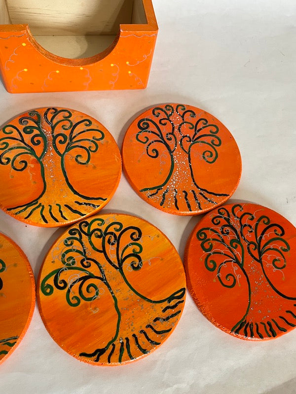 Shades of orange tree of life coaster set