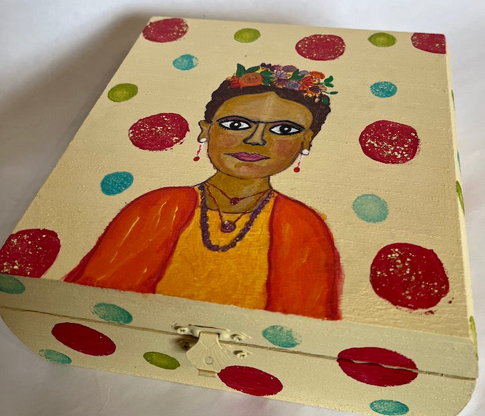 A hand painted Frida Kahlo special themed keepsake wooden box!