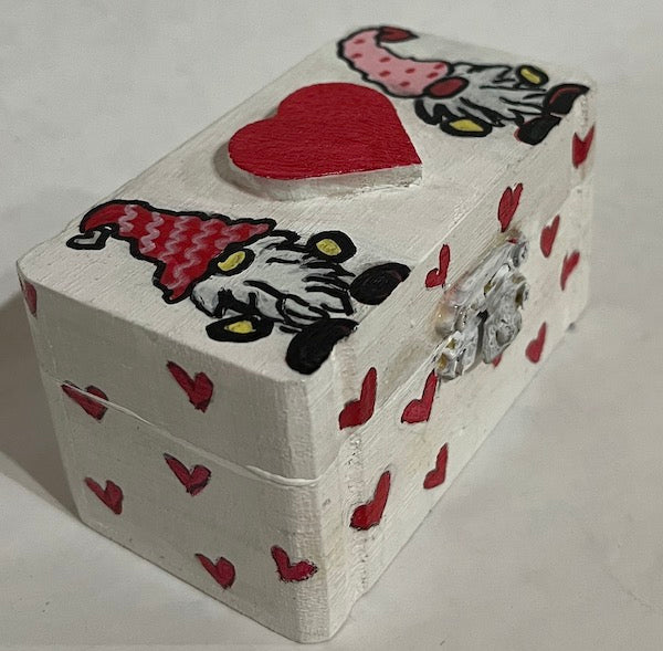 A hand painted red heart top wooden box with lid