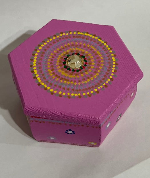 A jewel top hexagon wooden box painted with love!